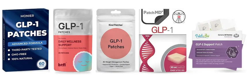 The five GLP-1 support patch products compared in this review, side by side